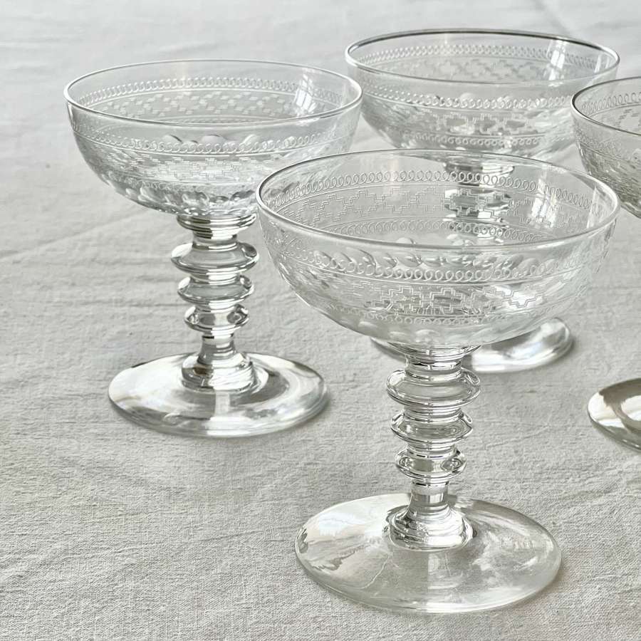 Baccarat style Victorian Etched & Cut Crystal Champagne Coupes