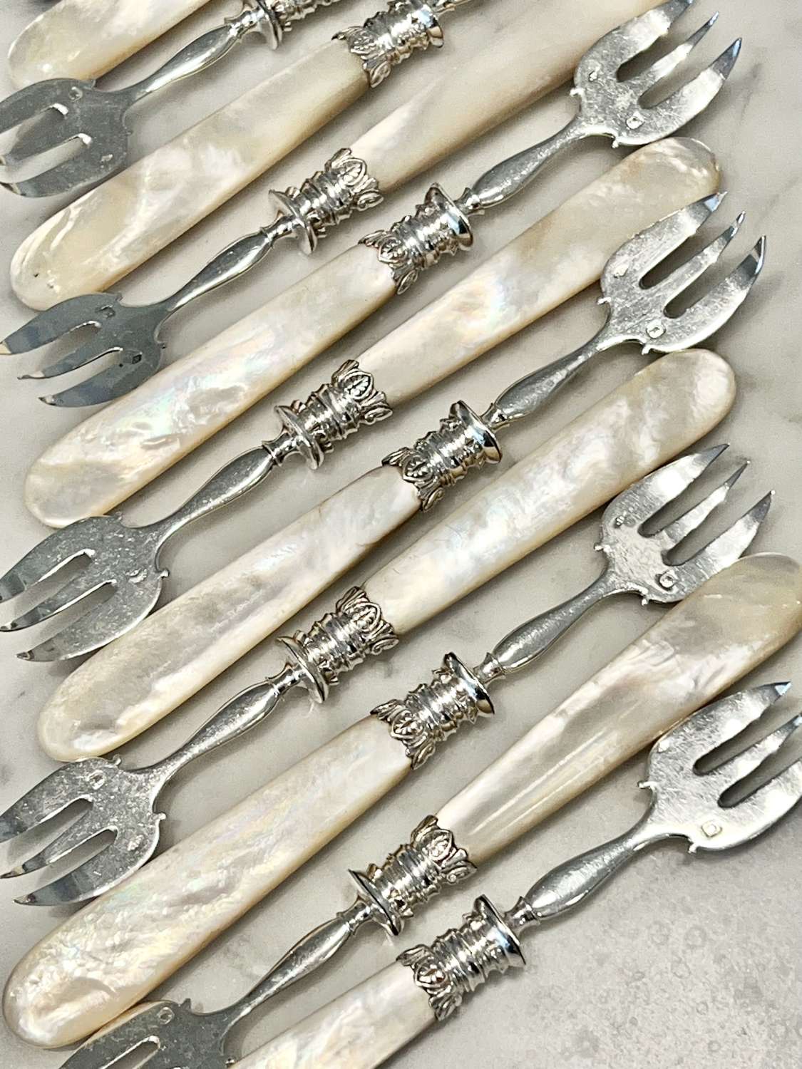 Set of 12 French Silver & Mother Of Pearl Oyster Forks