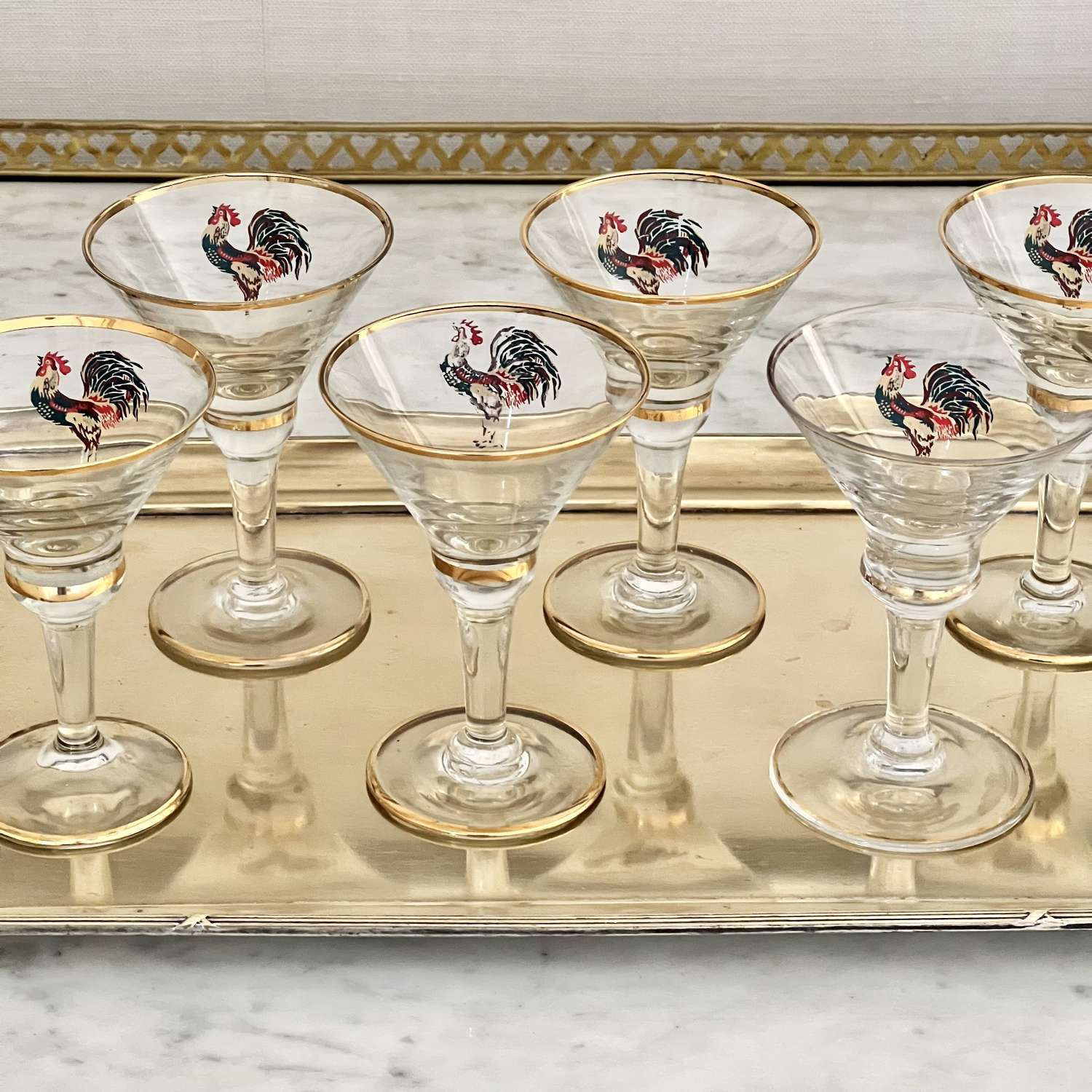 Set Of Art Deco Enamel Cockerel Cocktail Glasses Circa 1930s