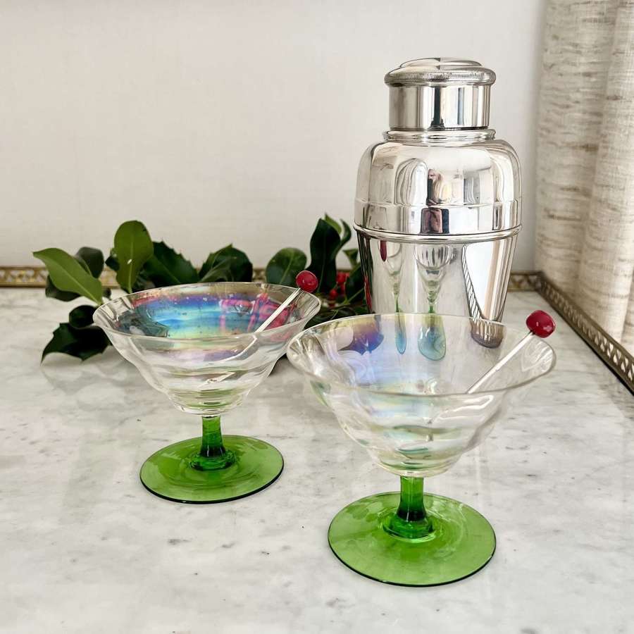 Pair Of Art Deco Iridescent & Green Cocktail Glasses