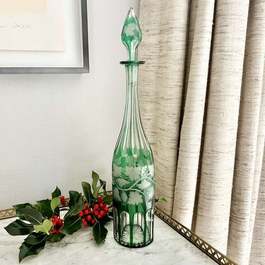Rare Etched & Cut To Clear Green Glass Decanter Circa 1860s