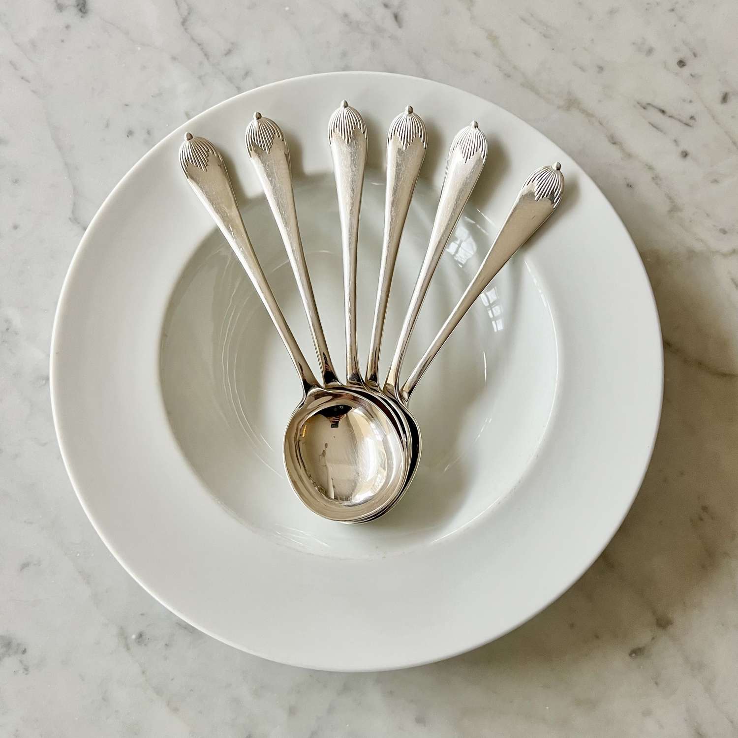 Six Art Deco Silver Plated Soup Spoons By Mappin & Webb Circa 1930s