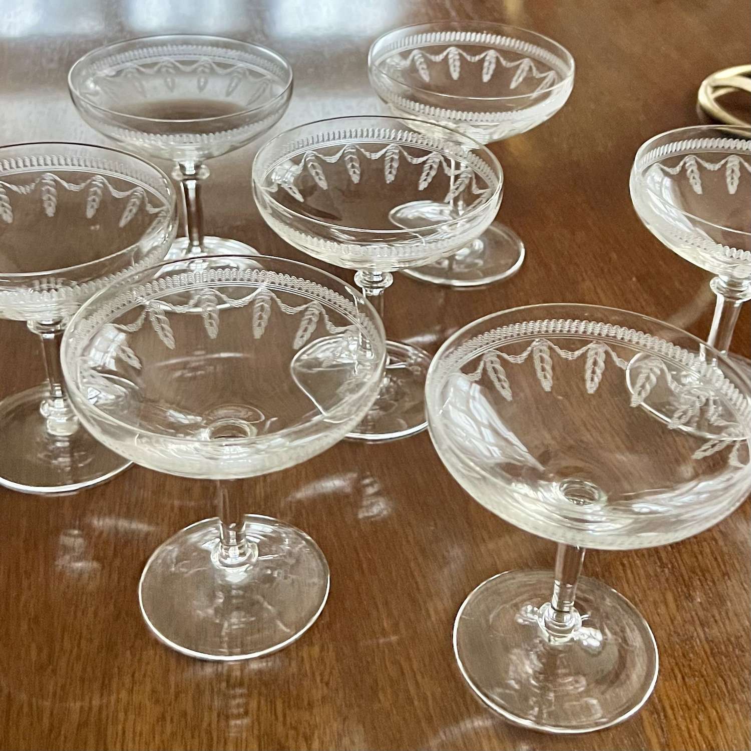 Pretty set of Edwardian Needle Etched Champagne Coupes
