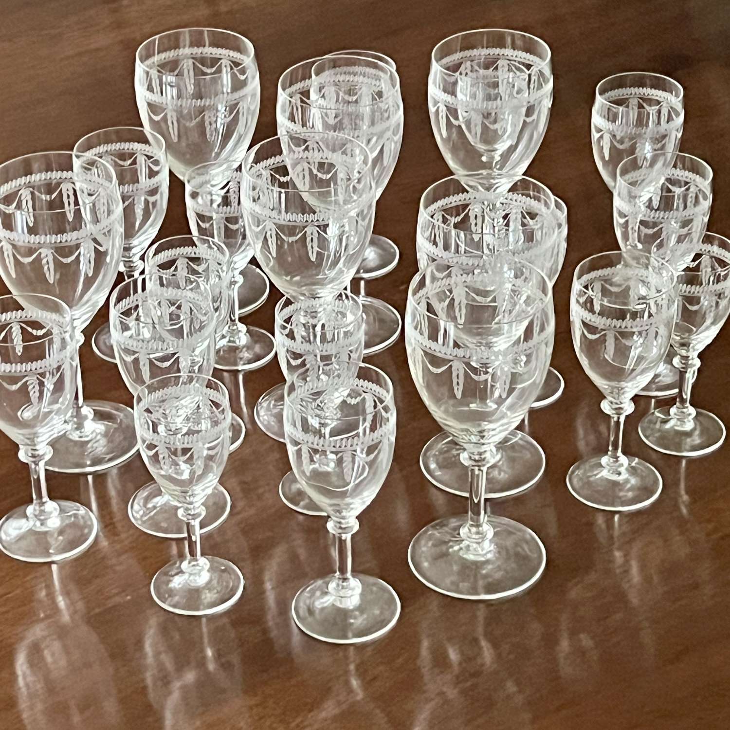 Suite Of Pretty Edwardian Garland Etched Wine Glasses