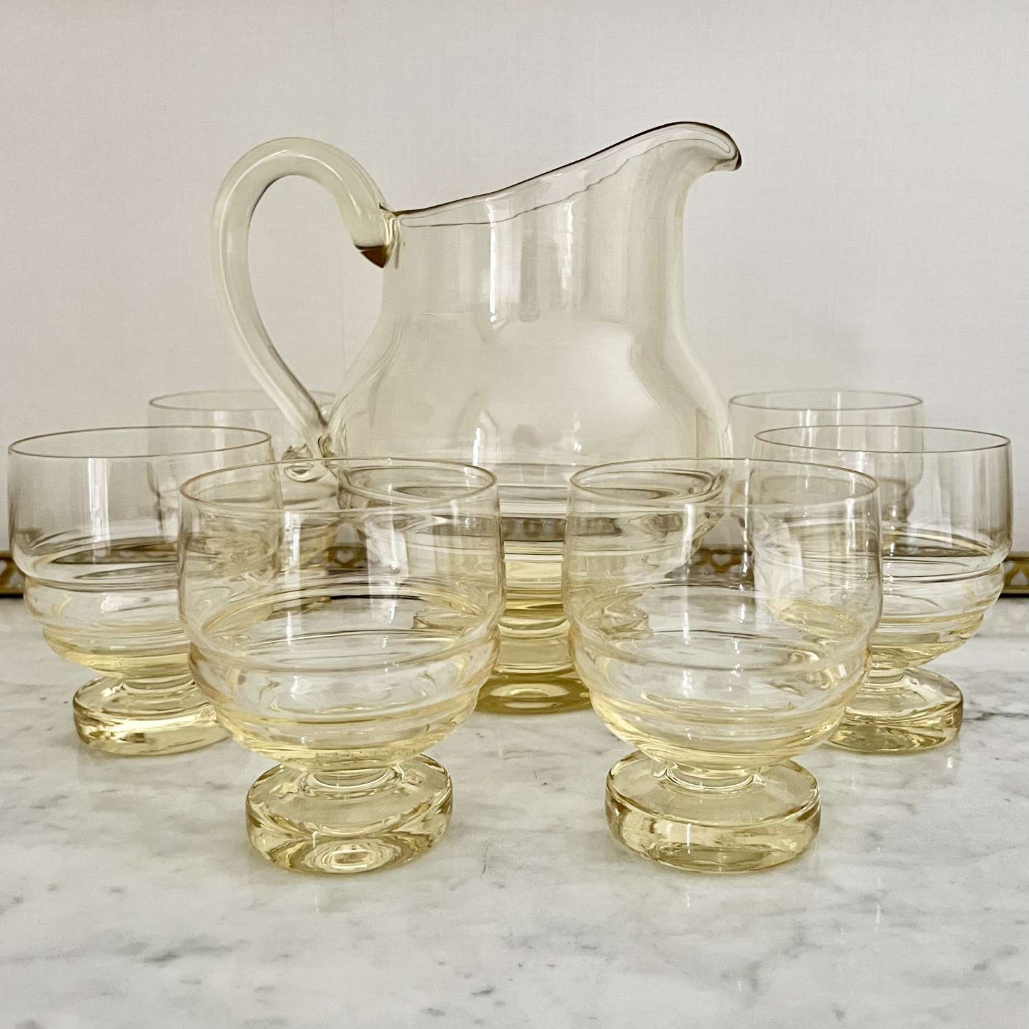 Exquisite Pale Yellow Glass Lemonade Cocktail jug & tumblers set