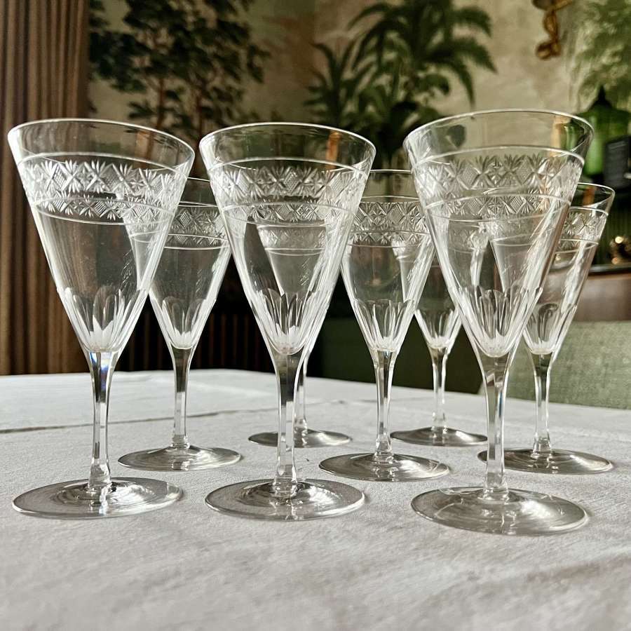 Set Of 8 Edwardian Cut Crystal Wine Glasses