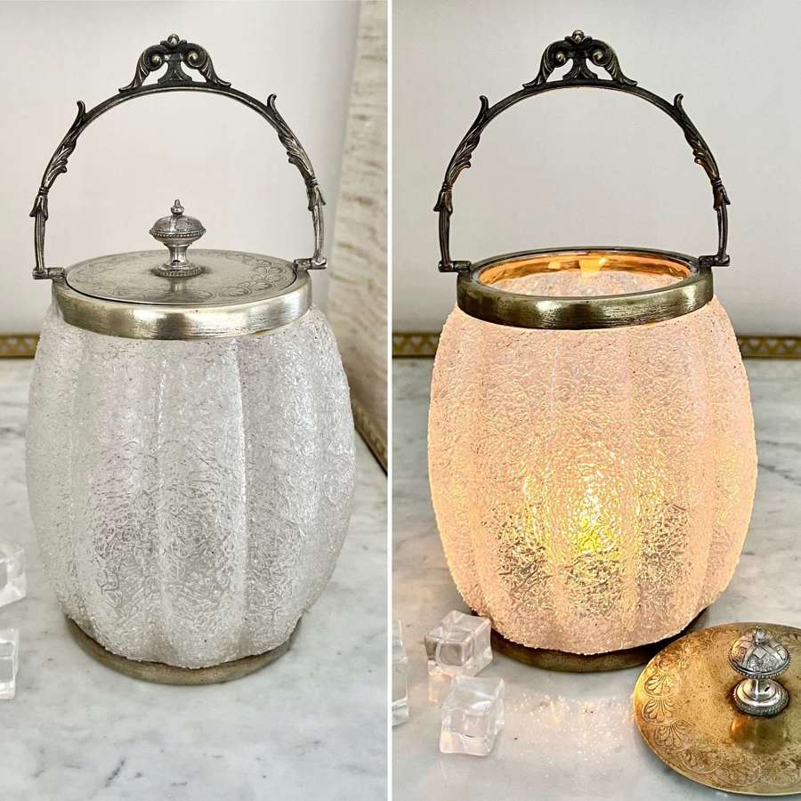 Frosted Glass Lantern Shape Ice Bucket Barrel 19th Century Victorian