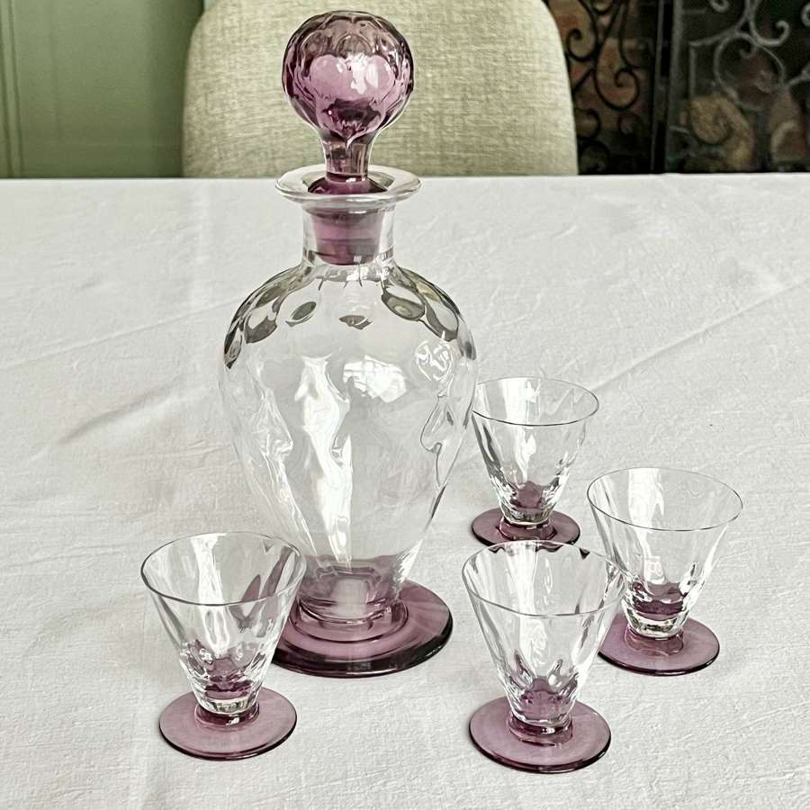 Art Deco English Lilac Glass Decanter & Tumblers Circa 1930