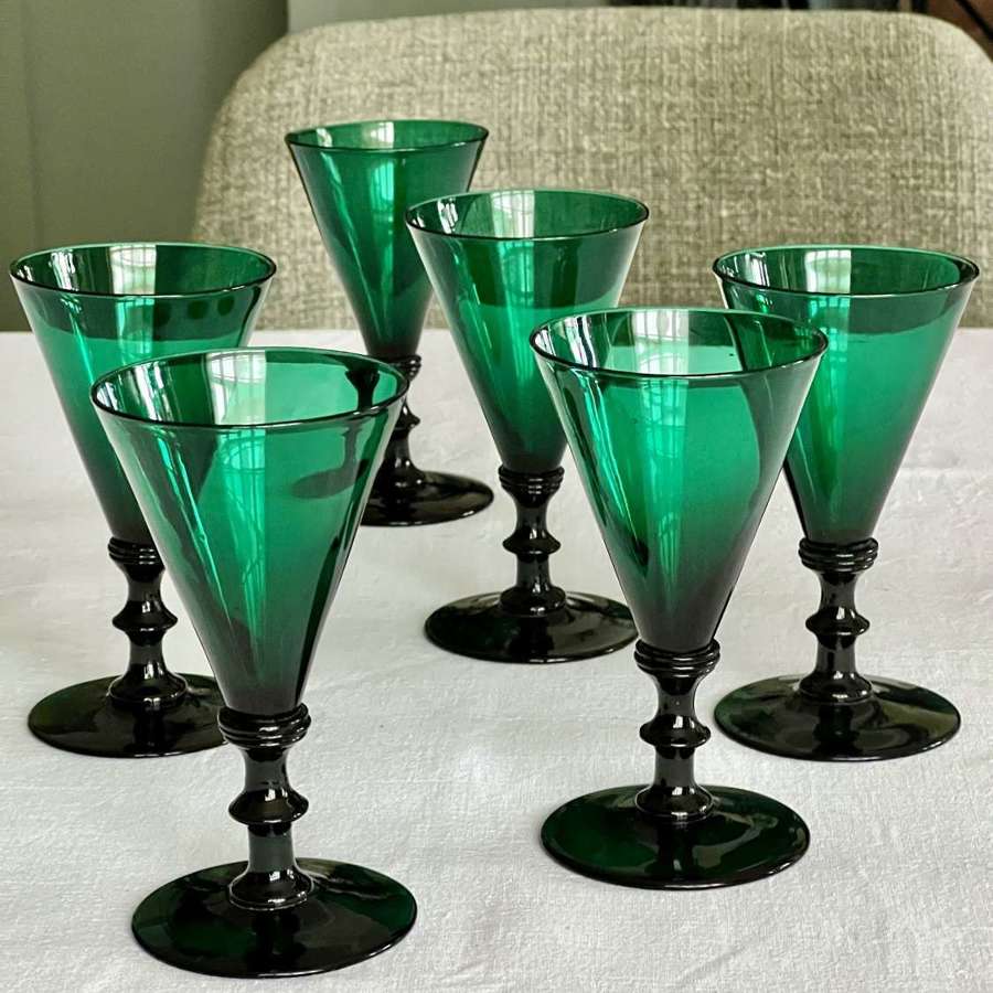 Six Regency Bristol Green Wine Glasses With Knopped Stems