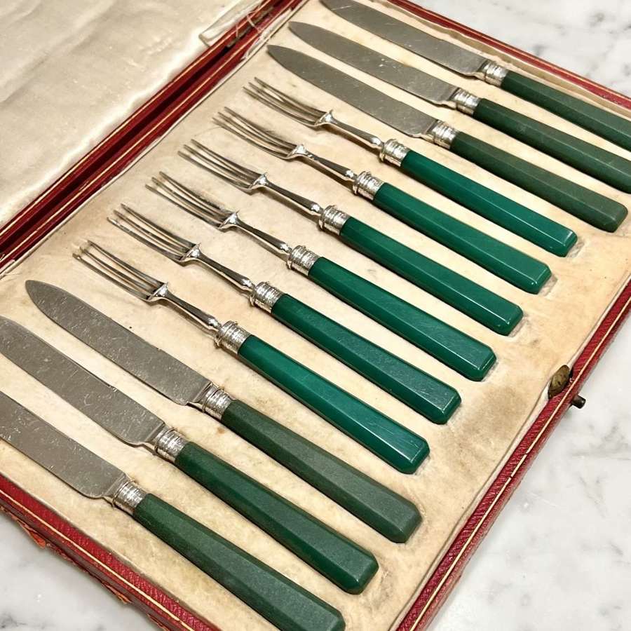 Art Deco Silver Dessert Knives Forks With Emerald Green Handles