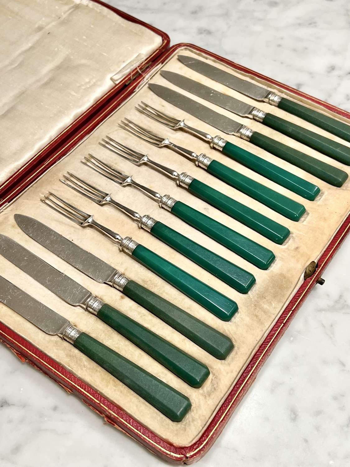 Art Deco Silver Dessert Knives Forks With Emerald Green Handles