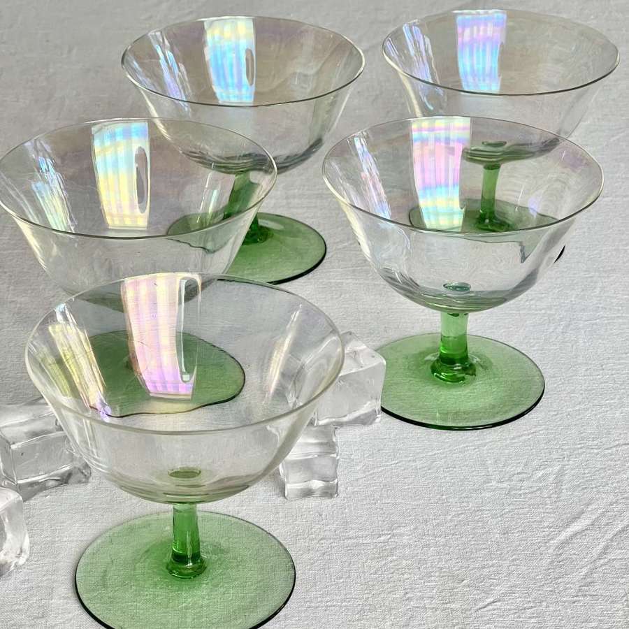 Art Deco Irridescent Cocktail Coupes On Green Stems 1930s