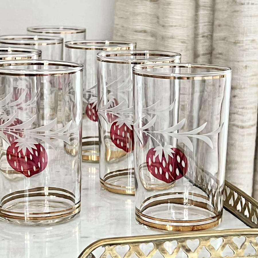 C1950 Bohemian Strawberry Etched Glass Tumblers