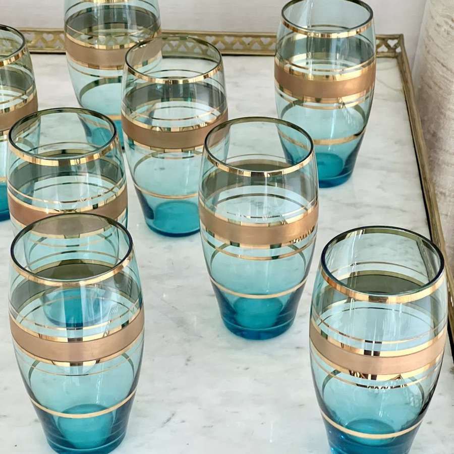 C1950 French Blue & Gold Bar Tumblers