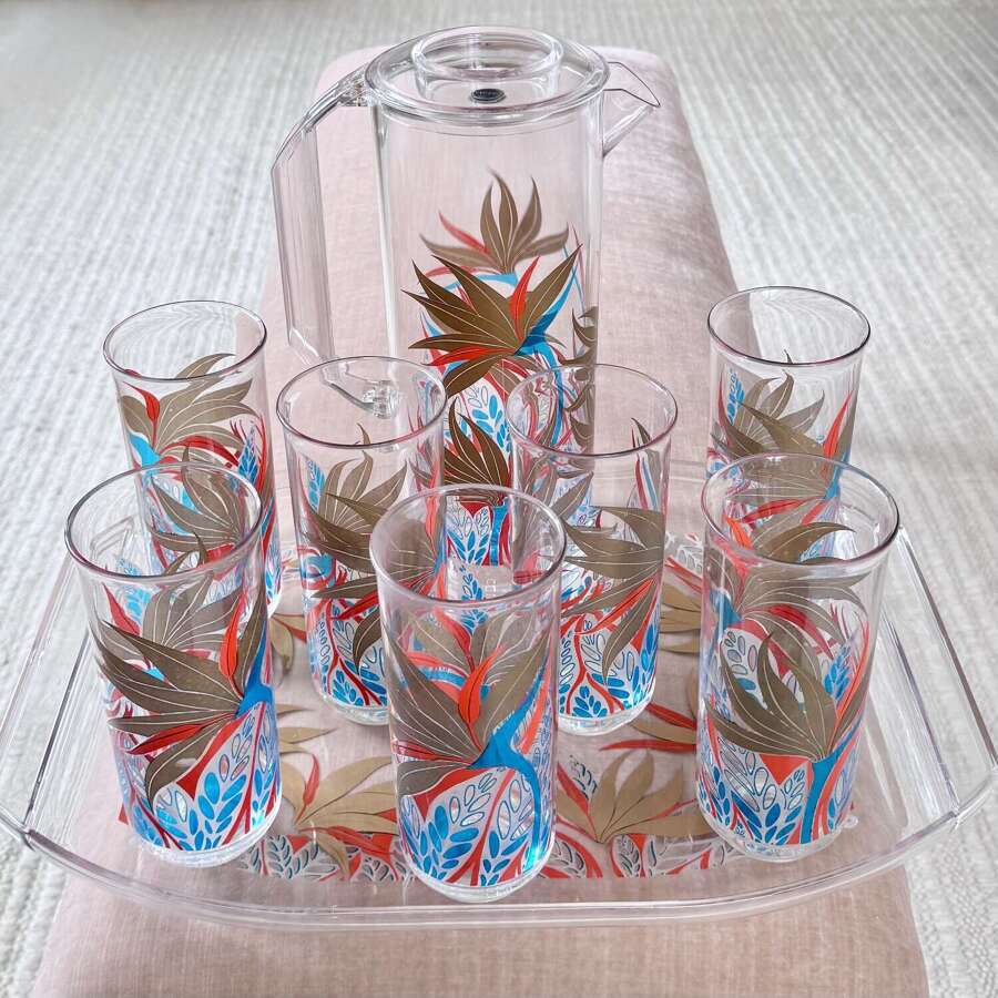 Culver Lucite Lemonade Jug Tumblers & Tray C1980