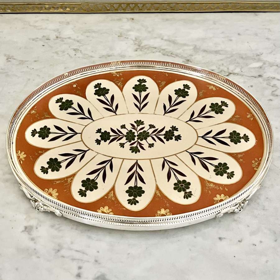Oval Painted Porcelain & Silver Plated Tray Circa 1900