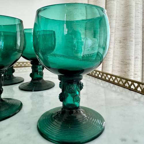 Large Georgian Bristol Green Roemer Wine Goblet Glasses Circa 1820
