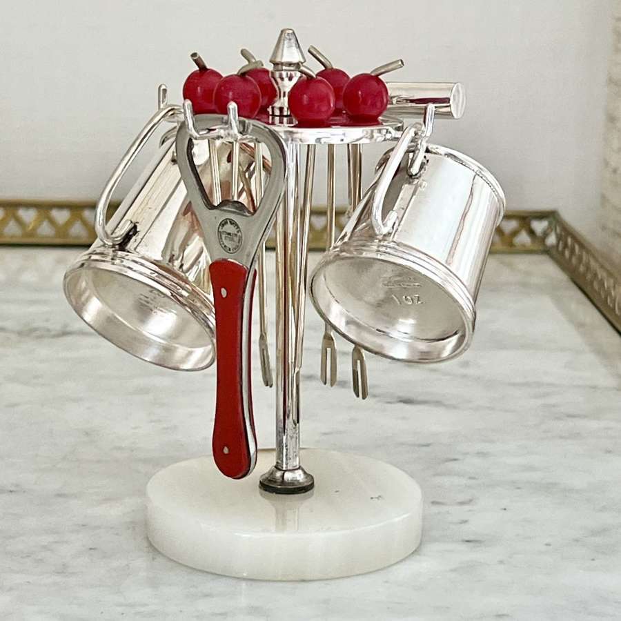 English Art Deco Silver Plated & Onyx Cocktail Bar Tool Set