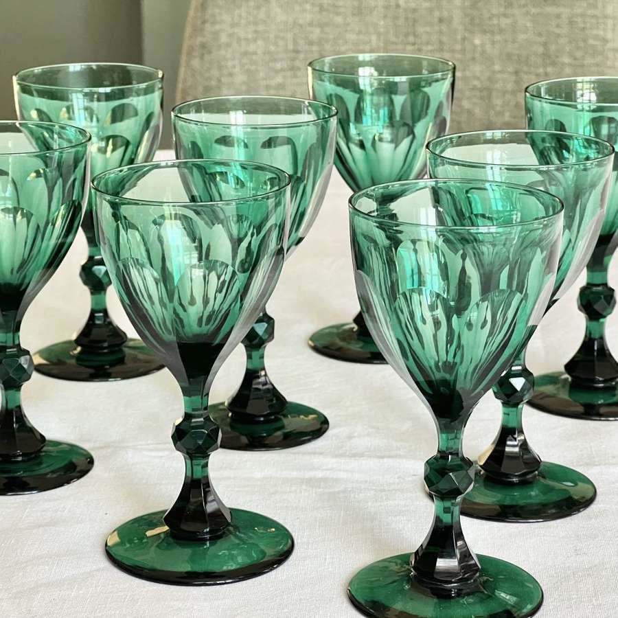 8 Georgian Slice Cut Emerald Green Wine Glasses C1830s