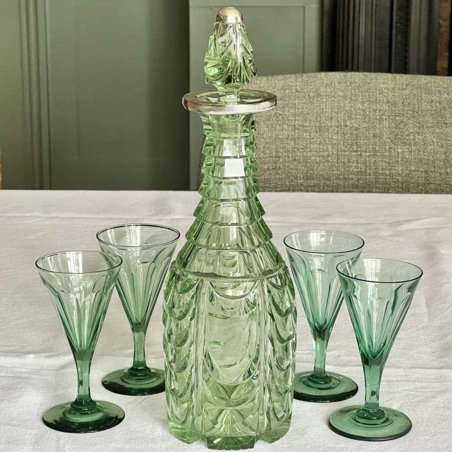 Victorian Festoon Cut Green Crystal Decanter With Silver Repairs