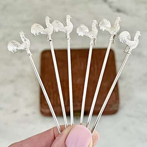 Art Deco Sterling Silver Cockerel Cocktail Sticks Dated 1931