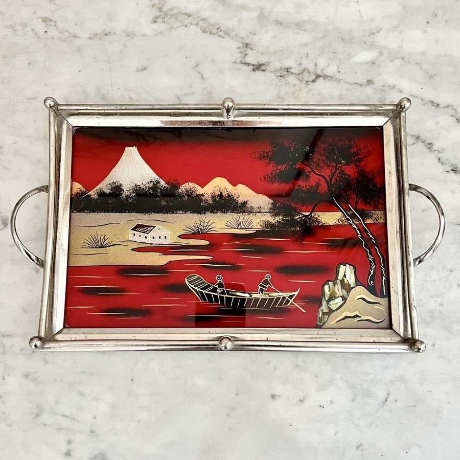 C1920s Japanese Scene Back Painted Glass Cocktail Tray