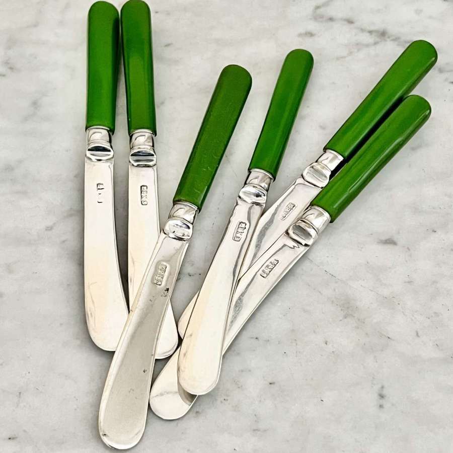 Set 6 Art Deco Silver Plated Butter Knives With Green Handles C1930