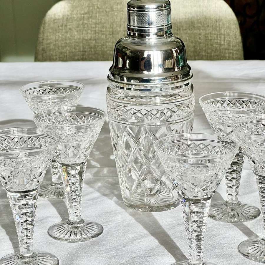 Fine Quality Crystal Cocktail Shaker & Matching Martini Glasses C1950