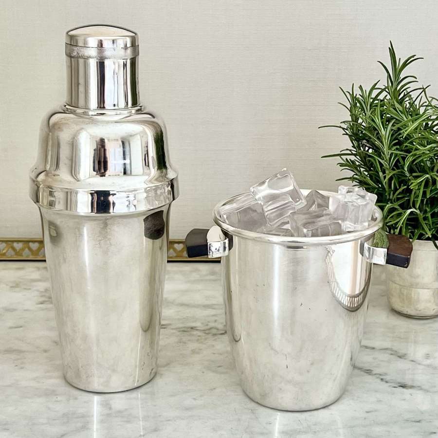 Pair Of German Silver Plated Cocktail Shaker & Ice Bucket C1960