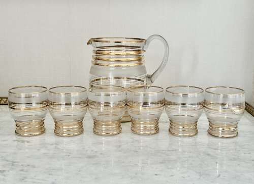 Gold Plated Ringed Lemonade Jug & Tumblers Set C 1950