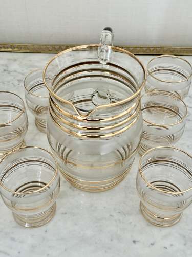 Gold Plated Ringed Lemonade Jug & Tumblers Set C 1950