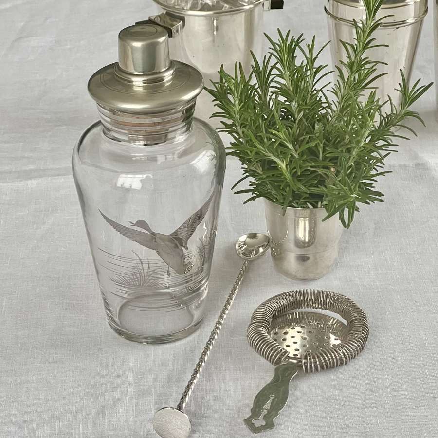 Vintage Glass Cocktail Shaker With Silver Goose In Flight