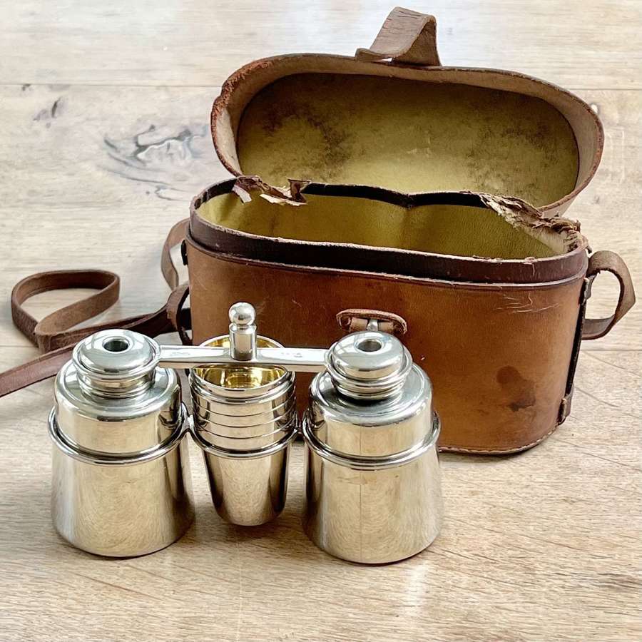 Art Deco Novelty Binoculars Drink Flask Set In Leather Case C1930