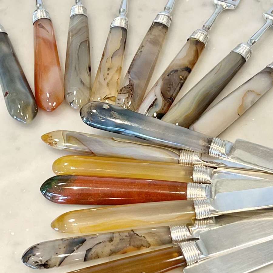 Georgian Agate Handled Knives & Forks Set For 8 Guests