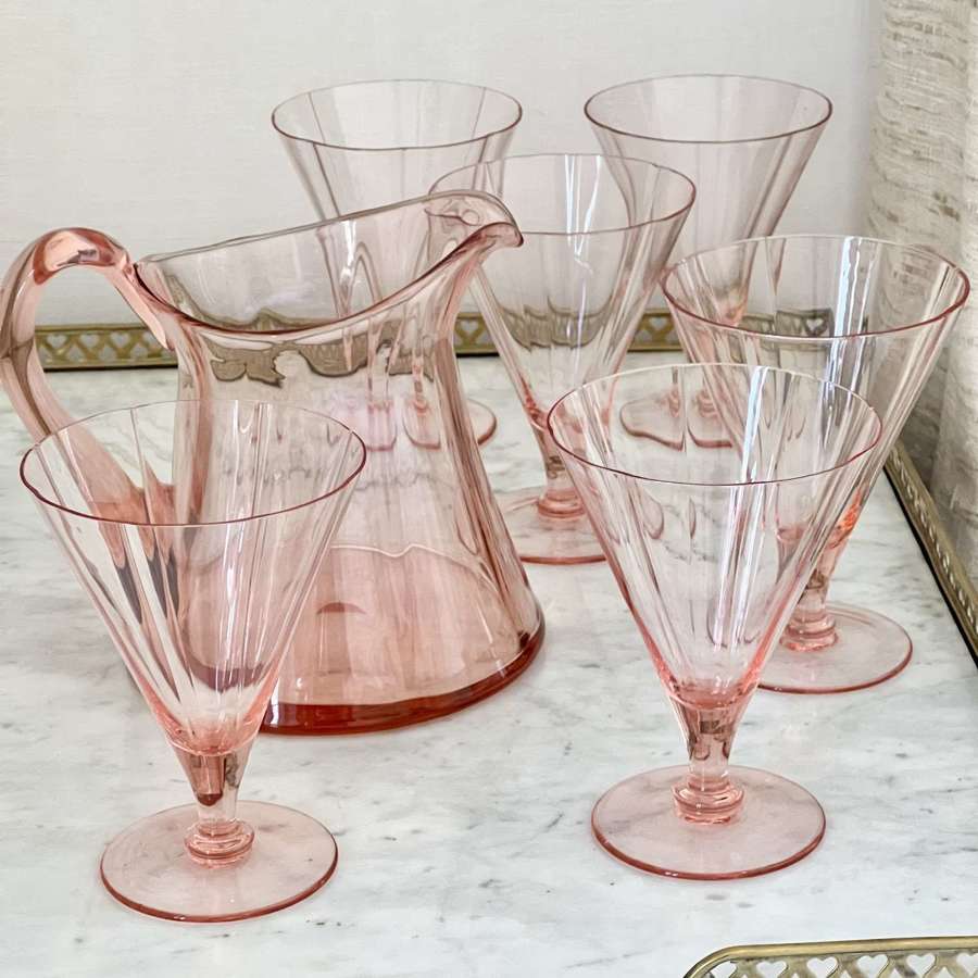 Blush Pink Art Deco Glass Lemonade Jug & Glasses Set C1930