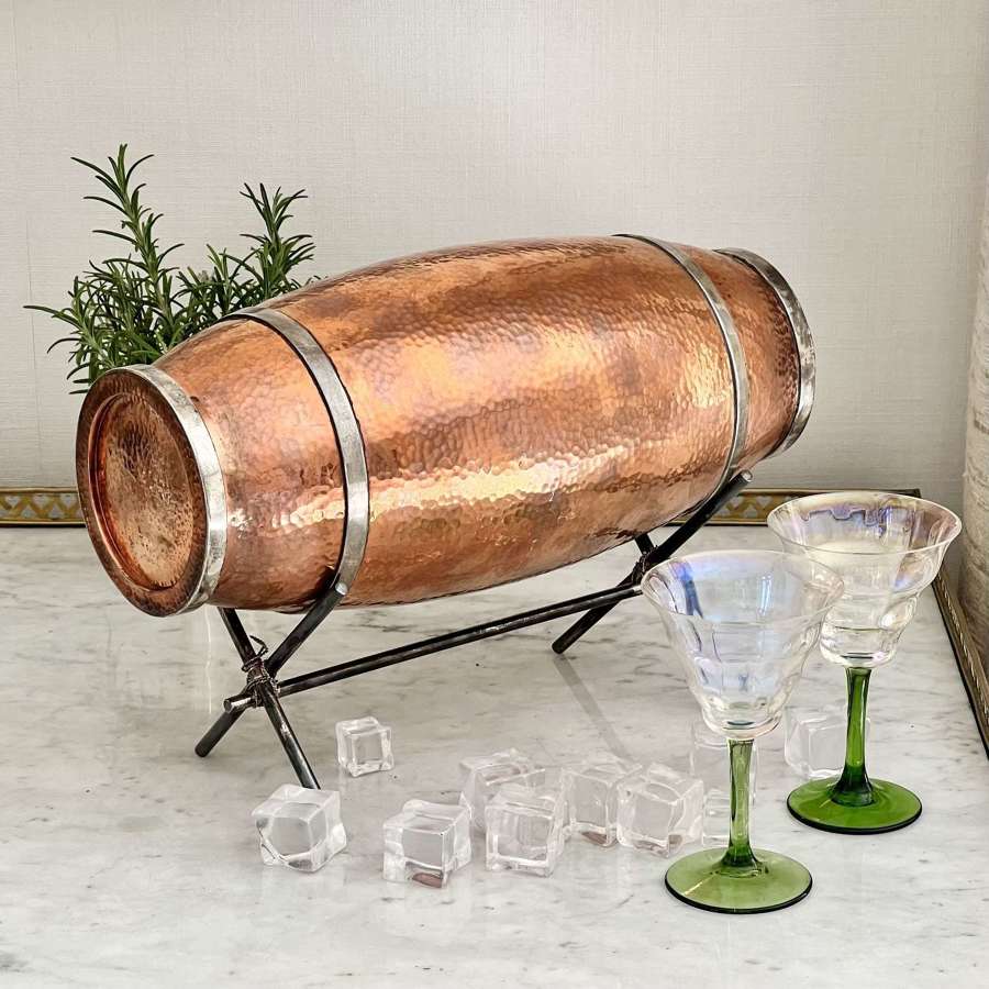 Rare Antique Copper & Silver Barrel cocktail shaker & stand C1920