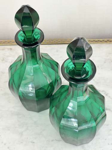 Pair Victorian Bristol Green X-Large Decanters C1840