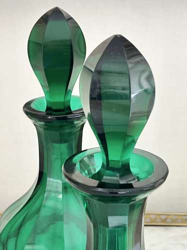 Pair Victorian Bristol Green X-Large Decanters C1840