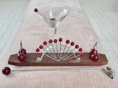 French Bakelite Cherry & Macassar Wood Cocktail Sticks Stand