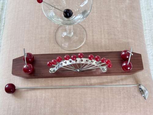 French Bakelite Cherry & Macassar Wood Cocktail Sticks Stand