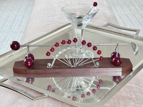French Bakelite Cherry & Macassar Wood Cocktail Sticks Stand
