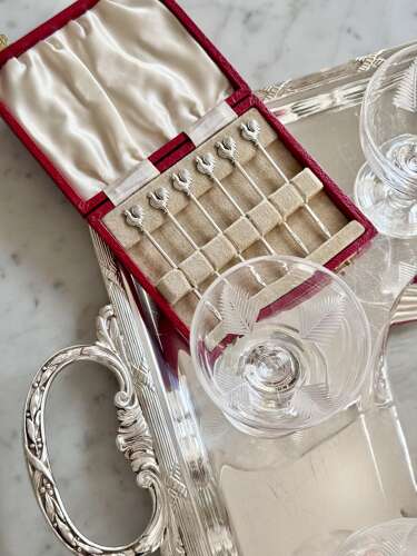 Art Deco silver cockerel cocktail sticks set Hallmark 1934