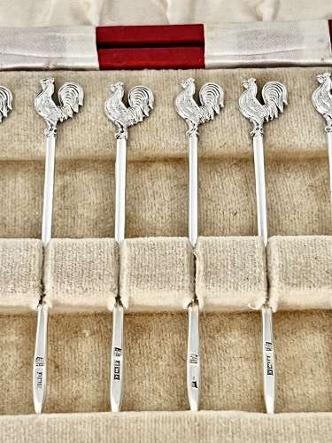 Art Deco silver cockerel cocktail sticks set Hallmark 1934
