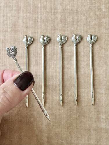Art Deco silver cockerel cocktail sticks set Hallmark 1934