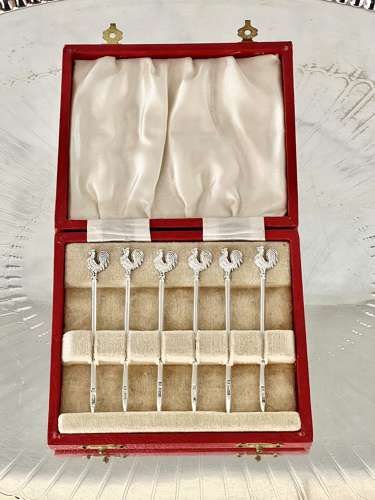 Art Deco silver cockerel cocktail sticks set Hallmark 1934