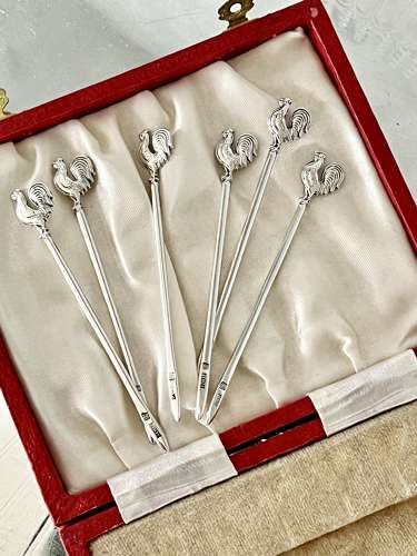 Art Deco silver cockerel cocktail sticks set Hallmark 1934