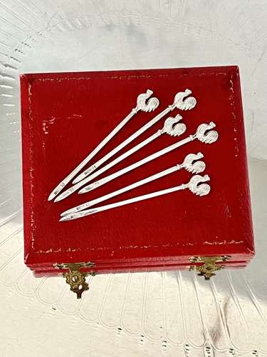 Art Deco silver cockerel cocktail sticks set Hallmark 1934