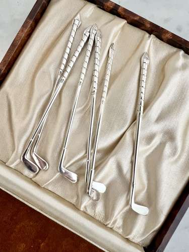 Set Of Art Deco Sterling Silver Golf Club Cocktail Sticks