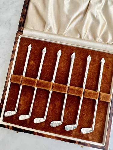 Set Of Art Deco Sterling Silver Golf Club Cocktail Sticks