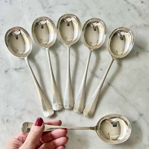 Six Art Deco Silver Plated Rattail Pattern Soup Spoons Circa 1930s